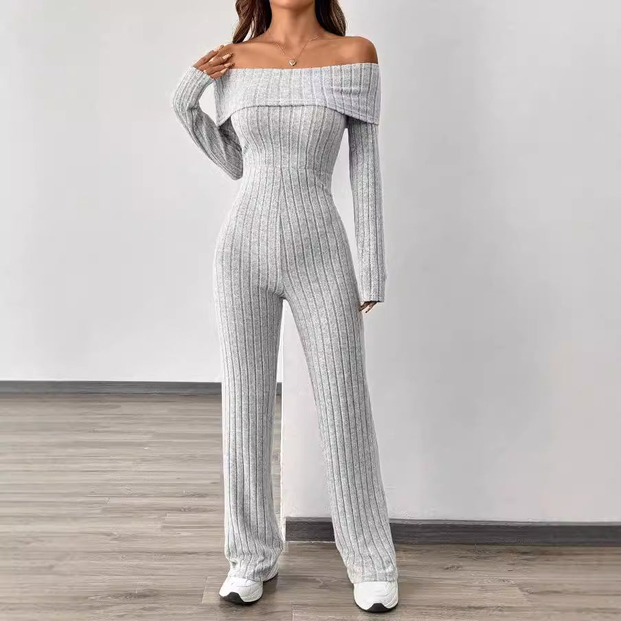 European and american export  fall/winter women's fashion one-shoulder long sleeve slim-fit high-waisted jumpsuit