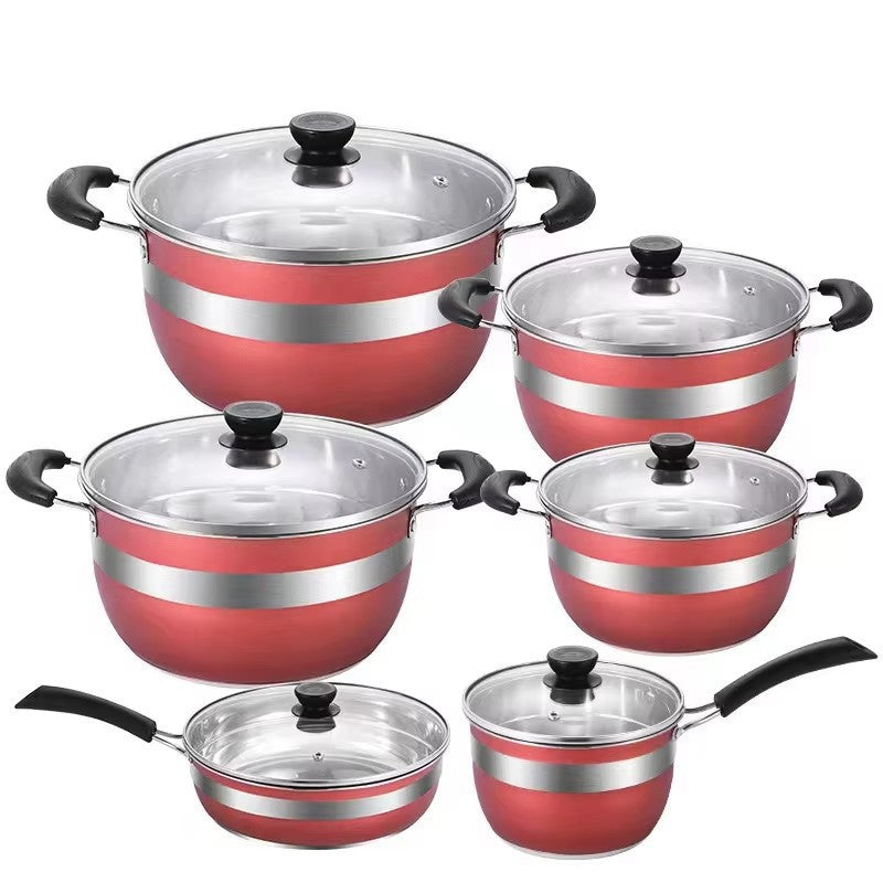 Customized fifteen-piece pot set for home with double bottom and non-magnetic stove neutral milk pot frying pan suit housewarming gift