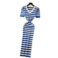 Korean chic goddess style high-end fashion color block striped v-neck puff sleeve cinched waist slimming knitted dress