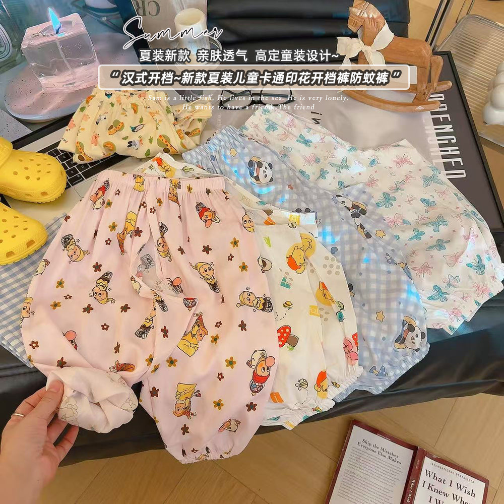 Kids anti-mosquito pants summer crotchless pants cute printing men's and women's baby home casual large crotch pp pants outwear