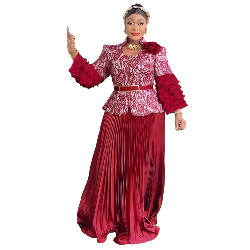 African women's fashion european and american cross-border trade pleated lace print dress evening party long dress wedding dress two-piece set