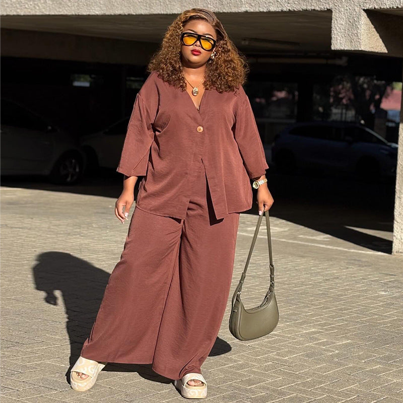 European and american women's clothing  autumn new collection: sweet and fresh v-neck batwing sleeve high-waisted wide-leg pants fashion casual set