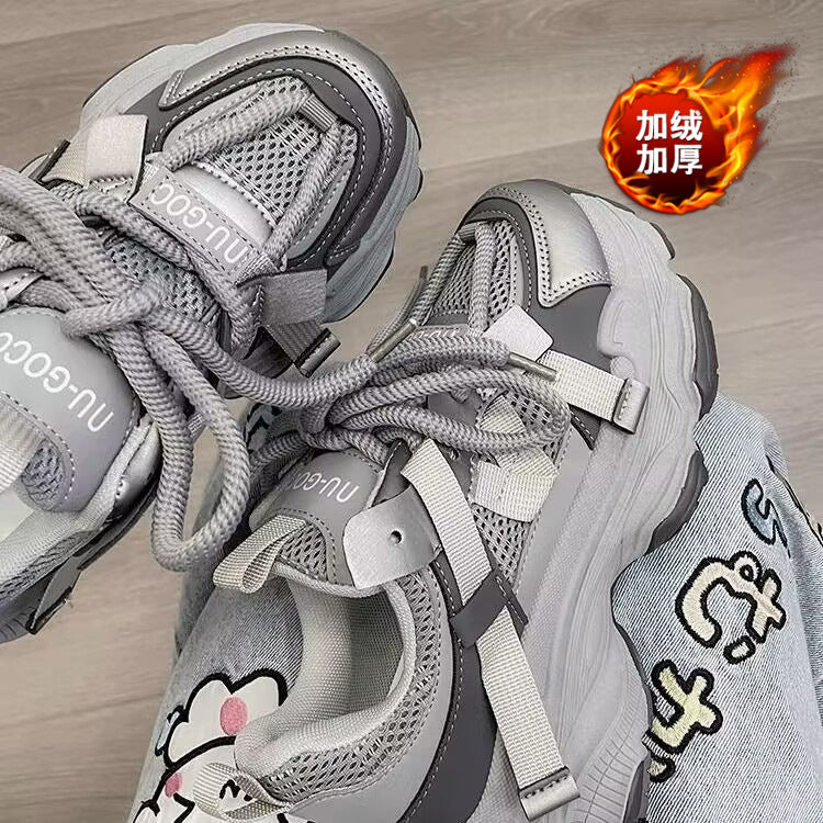 Thick sole dad shoes for women 2026 autumn winternew arrival leather surface heightening two cotton student fleece-linedplatform shoes sneakers cotton shoes