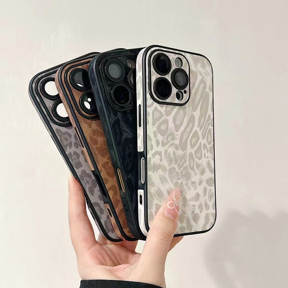 Leopard print leather texture phone case for iphone 17, protective cover for iphone 15 pro max, apple 15 with lens film, cross-border