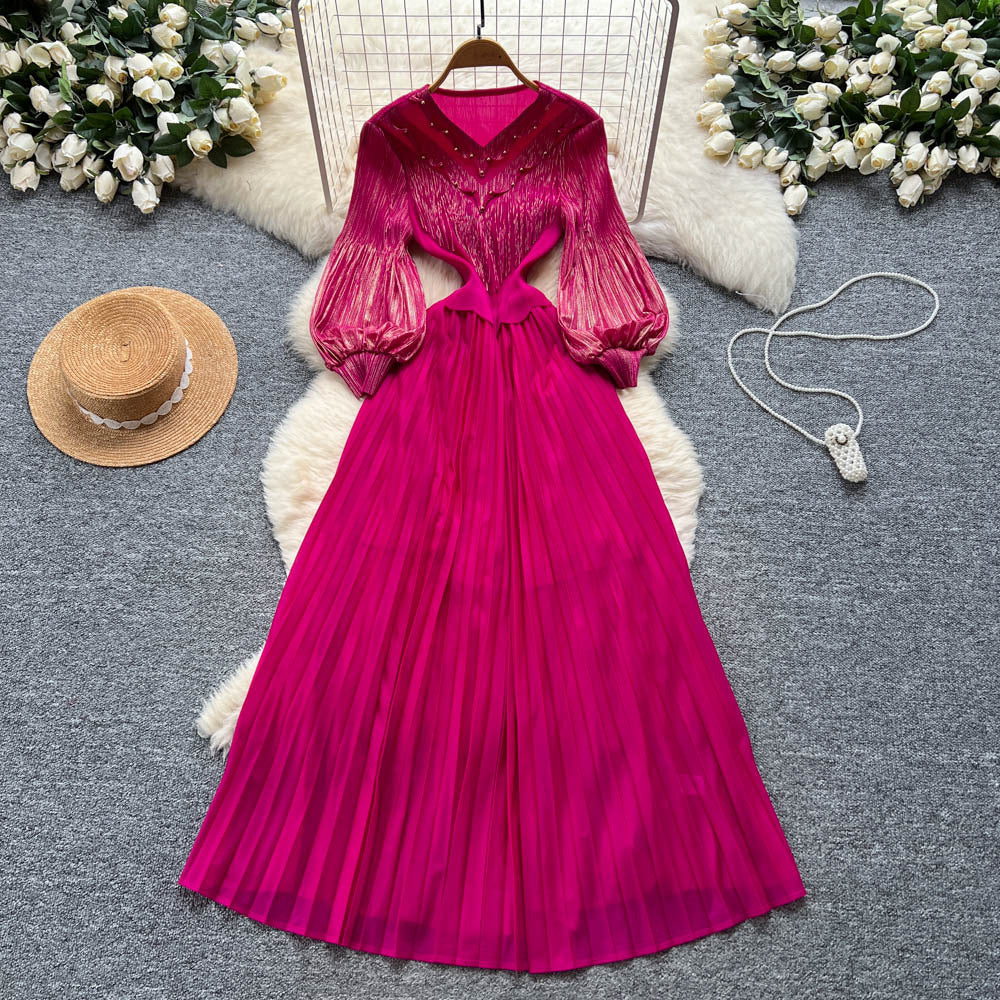 Elegant court-style bubble sleeve dress - women's autumn tassel design, mature and chic, flowy maxi dress