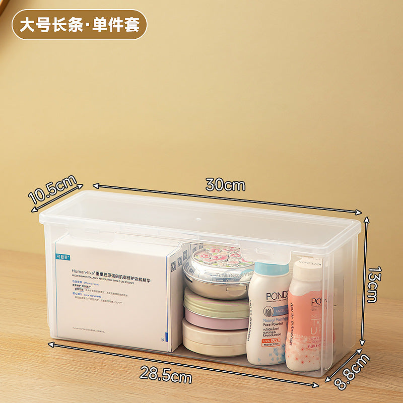 Long makeup brush, mask storage box, transparent rectangular box with lid, covered dresser, skin care product storage box.