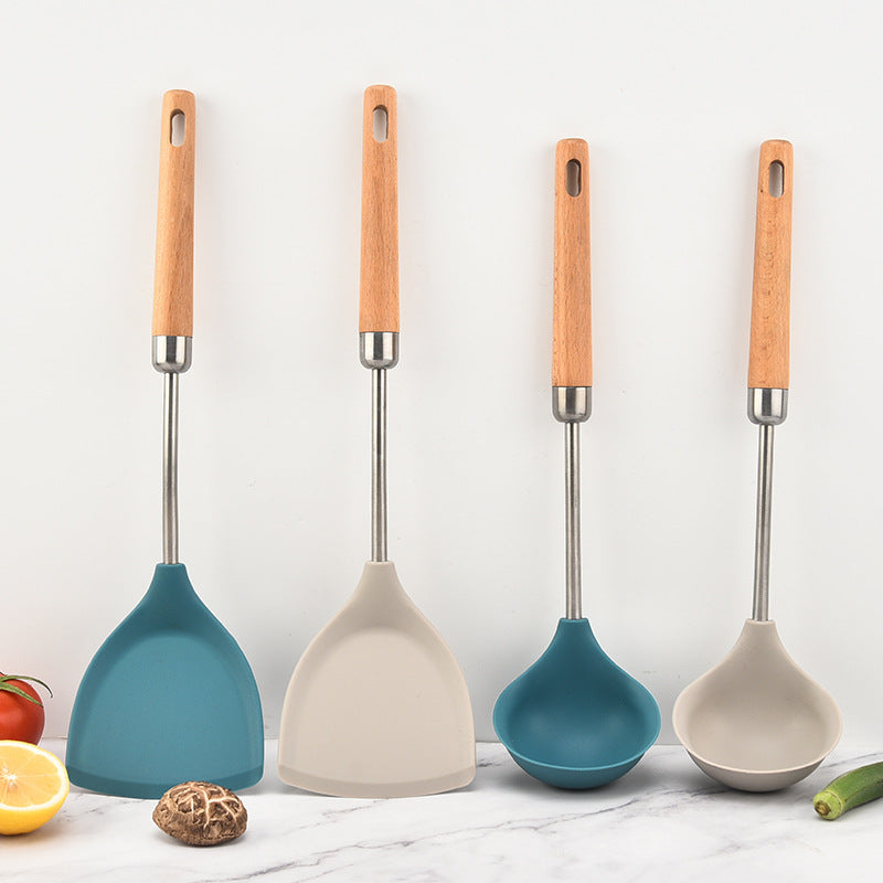 Food grade 304 stainless steel pipe handle cooking shovel household beech handle spoon shovel non-stick pan silicone kitchenware