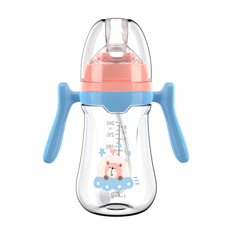 English boxed baby bottle anti-choking and anti-flatulence wide diameter bottle with handle and straw PP bottle wholesale