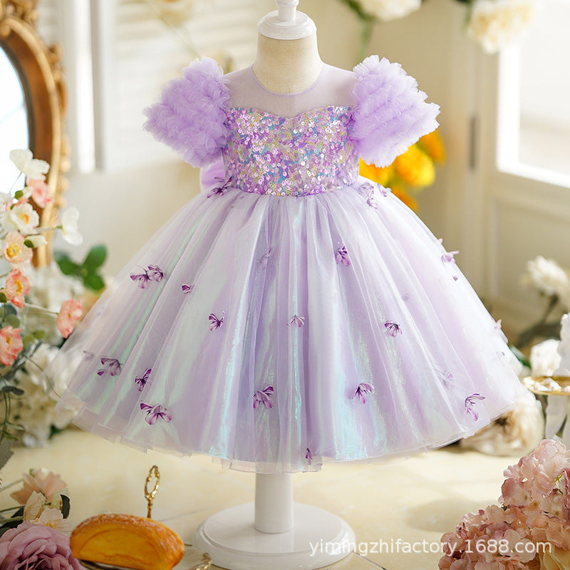 Rainbow girl's dress - new style first birthday baby dress with 3d butterfly back, bubble sleeves, and sequin detail