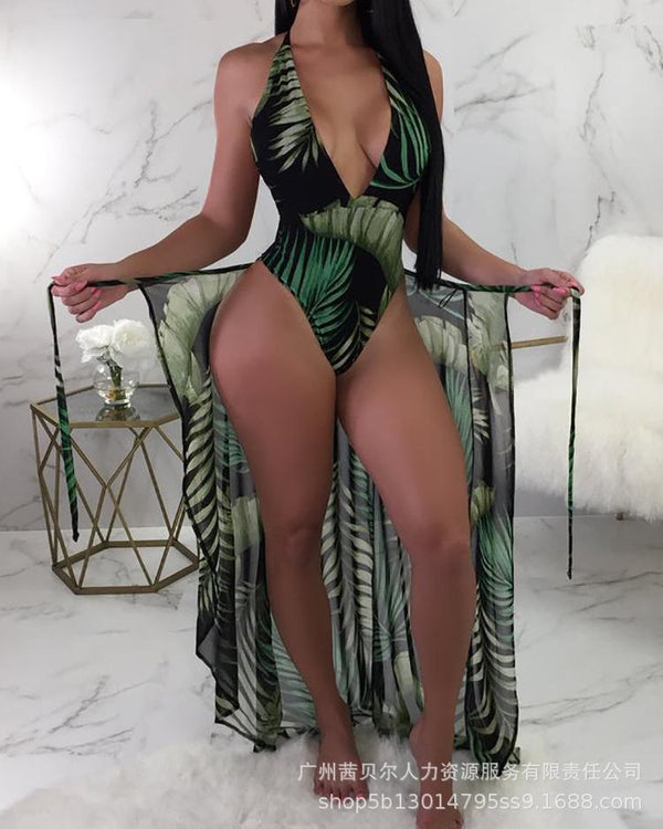 European and American  new sexy swimwear, leaf printing neck strap one-piece swimsuit + blouse two-piece set