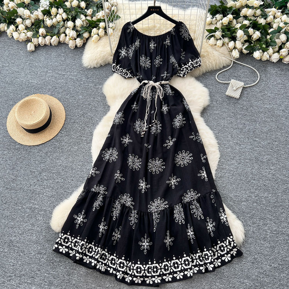 Literaryretro one shoulder lantern sleeve strap waist printingdress women's summer slimming lookelegantruffles long skirt