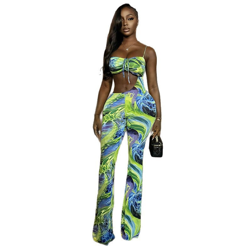 Fashion style cross-border stylish women's clothing printing asymmetrical sexy chest wrap jumpsuit tie backfashion navel exposed jumpsuit