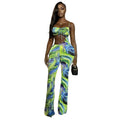 Fashion style cross-border stylish women's clothing printing asymmetrical sexy chest wrap jumpsuit tie backfashion navel exposed jumpsuit