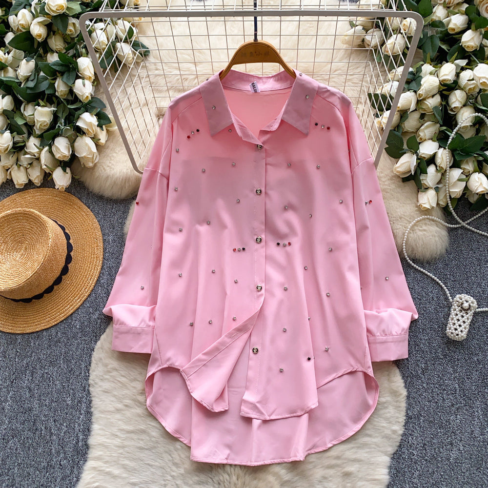 K-stylework clothing style lapel casual beaded shirt women's easiest for matchlong sleeveslooseslimming lookeasiest for matchsense of designtops