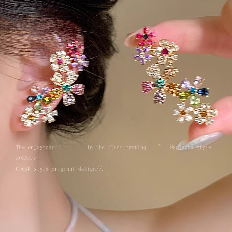 Dopamine colorful full diamond flower stud earrings all-in-one ear bone clip women's giant beautiful earrings niche design earrings