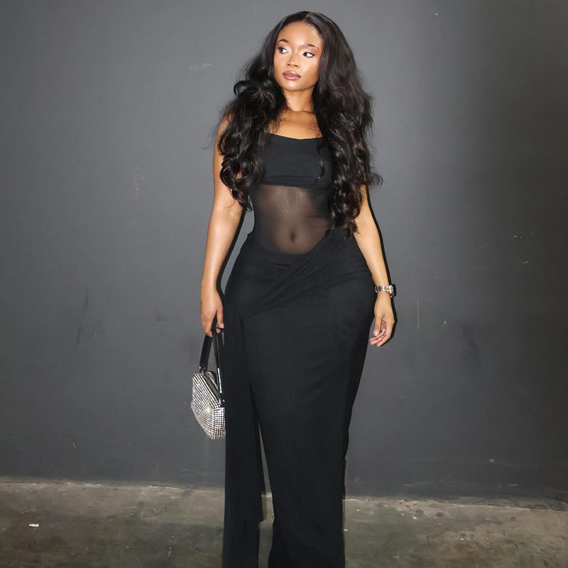 European and american style cross-border women's solid color design cropped bodycon dress - round neck slim fit streetwear maxi dress