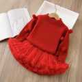 Girls' christmas sweater dress set - kids' round neck fleece-lined thickened princess dress two-piece puffy skirt autumn/winter outfit