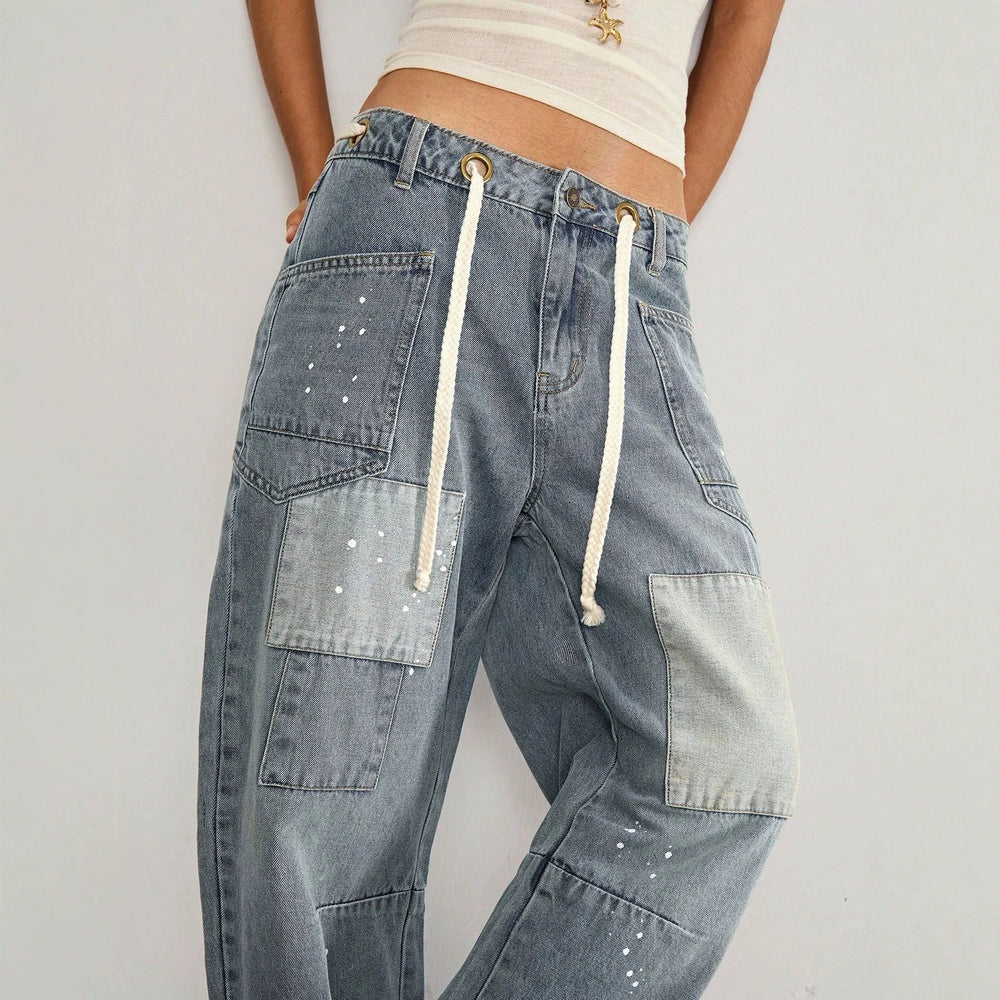 Fashionjeans women's patchwork patch splash ink wide-leg jeans high waist drawstring loosestraight-legcasualpants