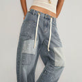 Fashionjeans women's patchwork patch splash ink wide-leg jeans high waist drawstring loosestraight-legcasualpants