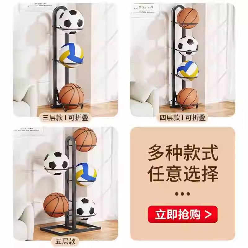 Basketball storage rack - home floor-standing foldable basketball hoop with soccer & volleyball storage - multi-tier sports ball organizer