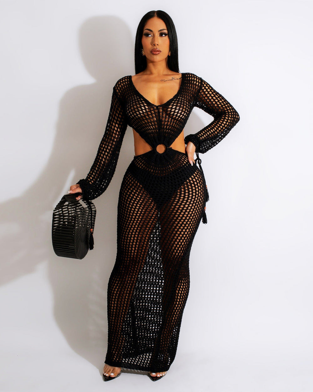 Amazon  european and american women's sexy hollow-out knitted dress summer deep v beach cover-up maxi dress
