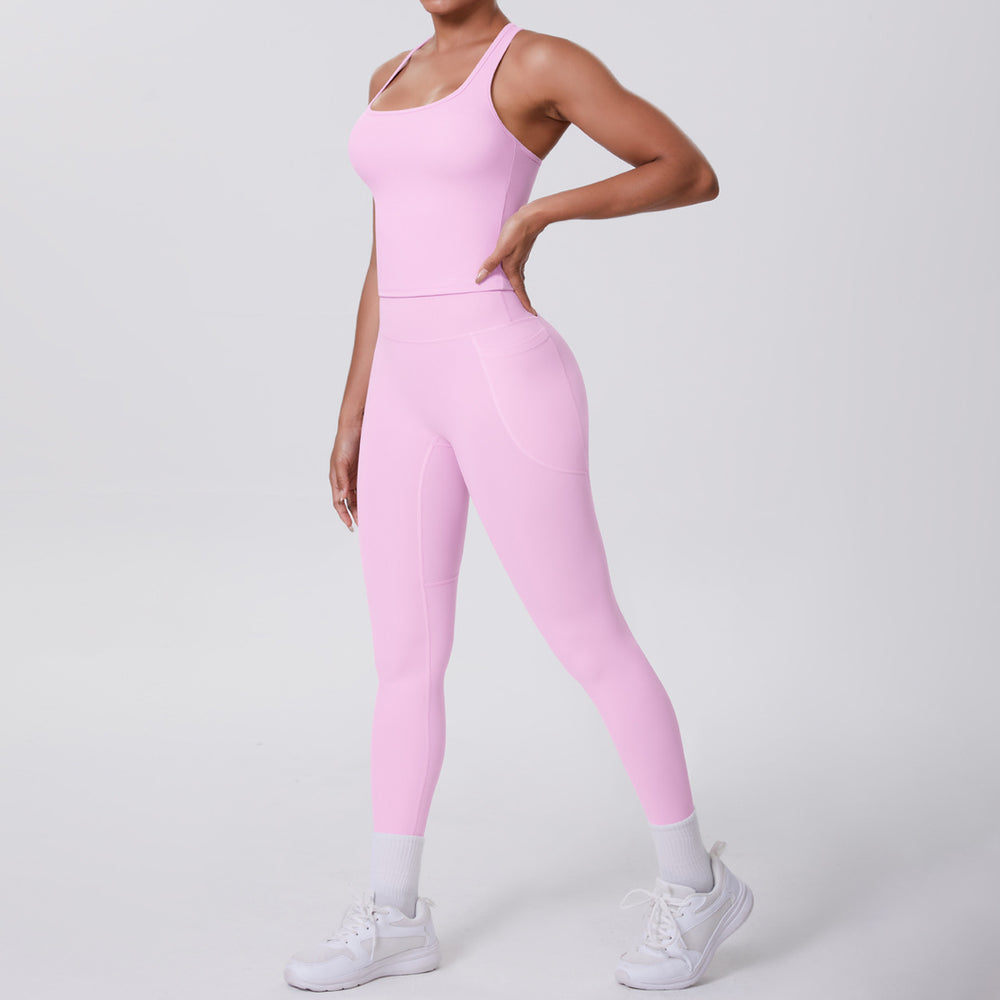 fashion brushed pure color tight racerbackflap pocket pants sports suit running fitness yoga clothes two-piece set