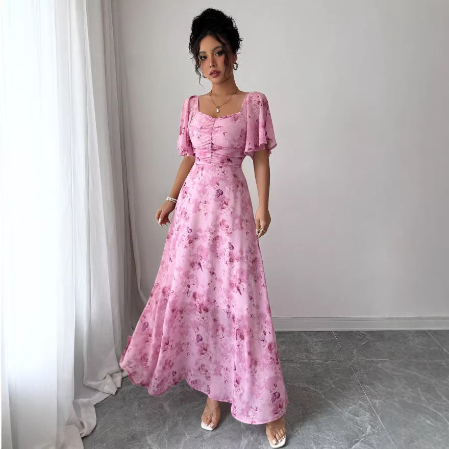 european and american  cross-border new french v-neck floral maxi dress with puff sleeves