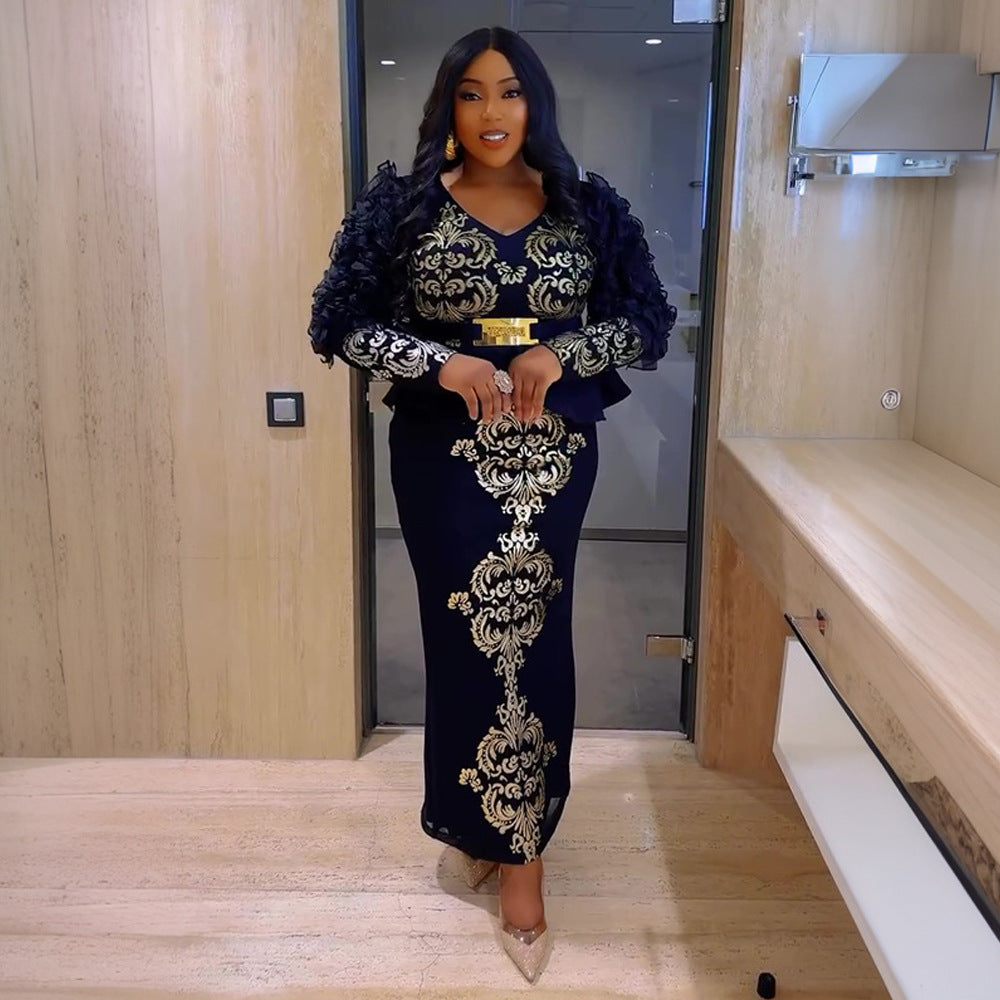 women's plus size dress, foreign trade african style  new hotfix rhinestone beaded v-neck evening gown