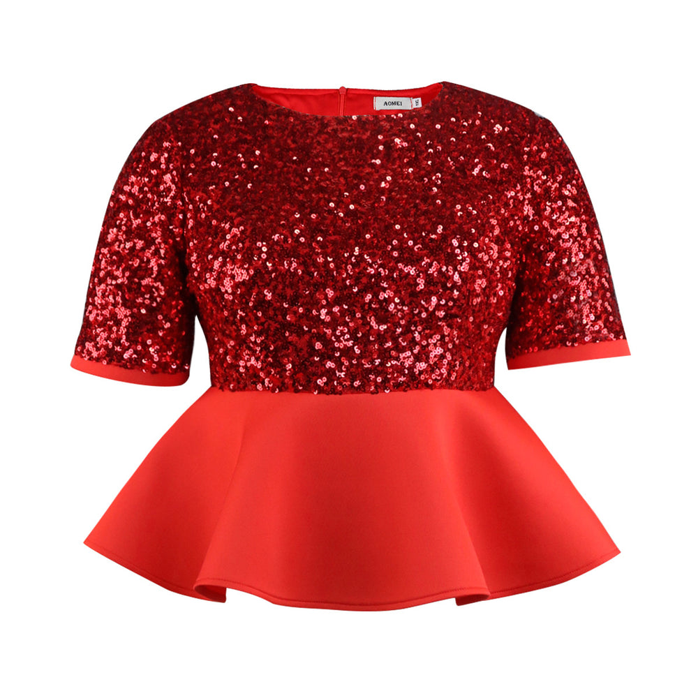 Am030526tautum round neck three-quarter sleeve sequintops ruffle hem waist easiest for match women's clothing spangle