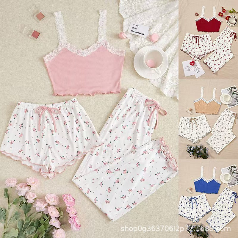 Sexy floral pajamas women's summer lace suspenders three-piece set short trousers girl suit cute women's loungewear