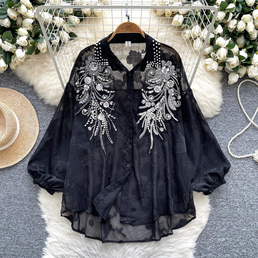 Luxury-inspired, heavily embellished beaded & sequined embroidered lantern sleeve blouse - women's summer lightweight, loose-fit outerwear long sleeve top