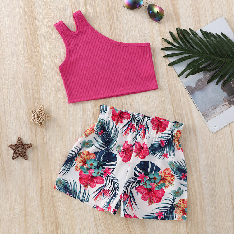 Girls' summer outfit: sleeveless camisole top + floral print shorts set - european & american style