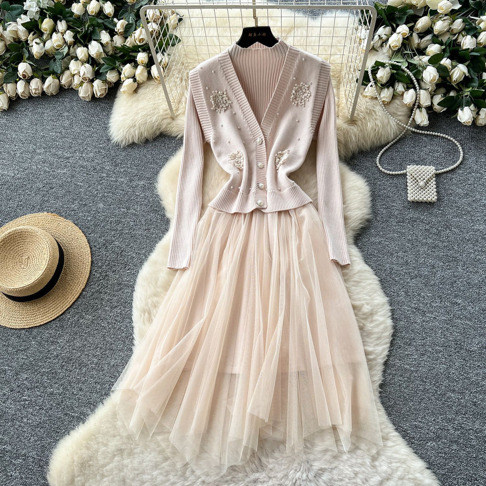 Elegant two-piece set for women: autumn collection - high-end, heavily beaded, v-neck, sleeveless knit top with mesh panel dress