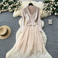 Elegant two-piece set for women: autumn collection - high-end, heavily beaded, v-neck, sleeveless knit top with mesh panel dress