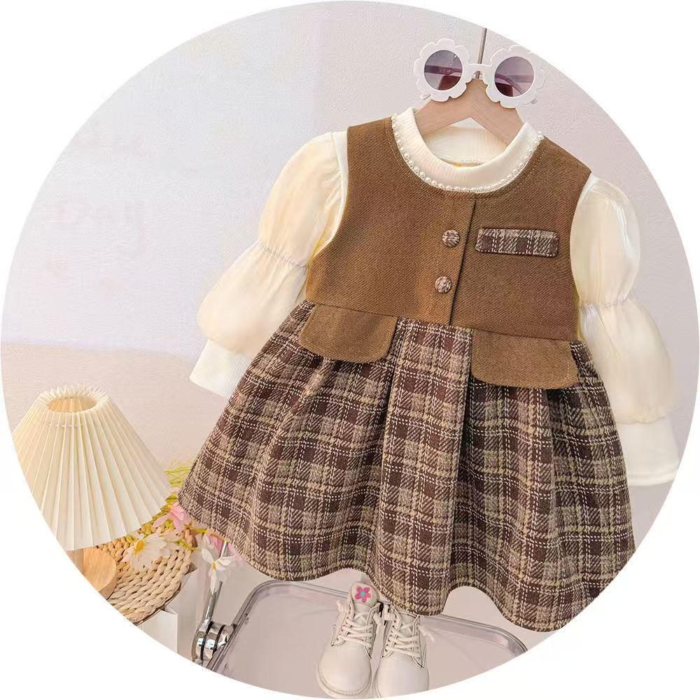 【dropshipping】 stylish kids' fleece-lined autumn/winter vest dress two-piece set - trendy princess dress for baby girls