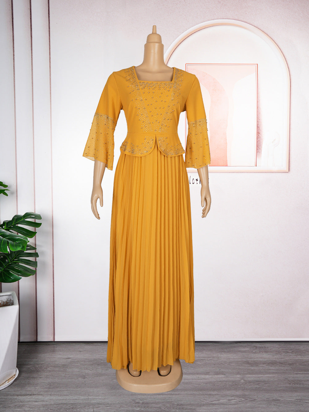 african plus size  beaded pure colordressfashionexport women's clothing fake two-piece set pleated skirt