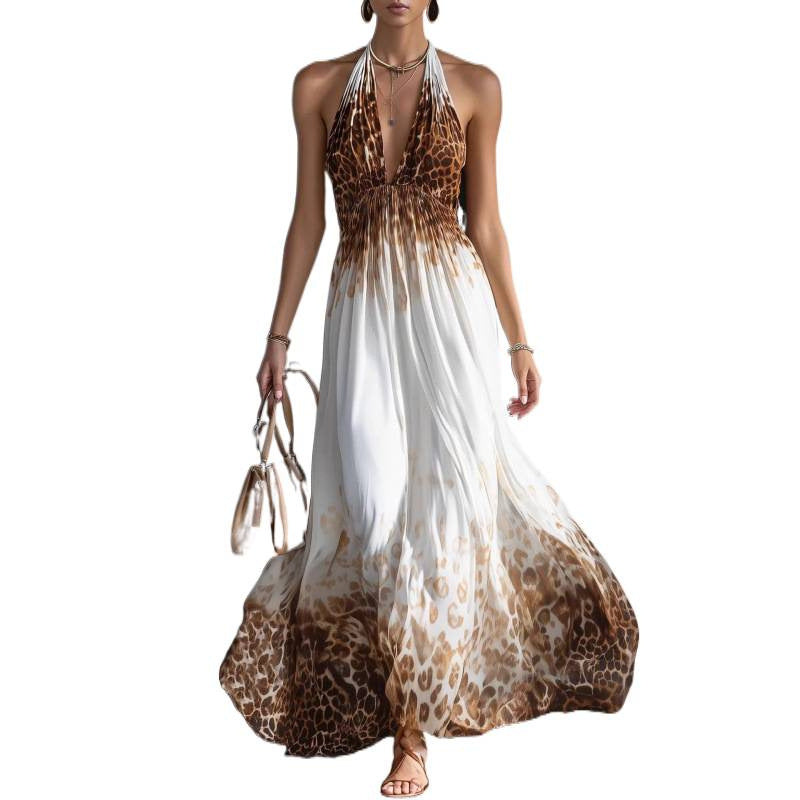 Amazon european style elegant casual leopard print halter sleeveless summer dress - new arrival