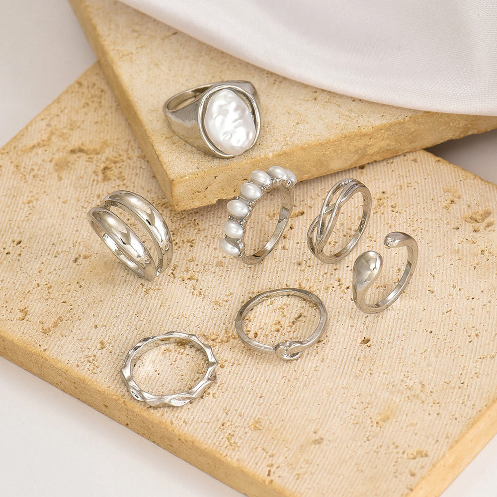 European and american cross-border faux pearl ring set - niche, trendy, retro, light luxury, multi-layer geometric arc surface finger rings & jewelry