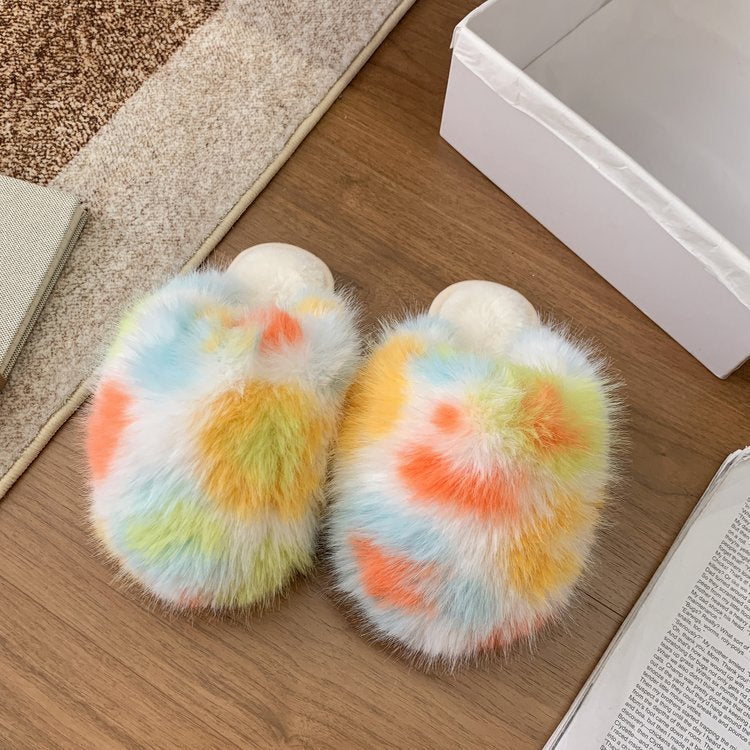 plus sizepure color fluffy large fur slippers soft bottom winter toe-cap home heattech multi-color cotton slippers