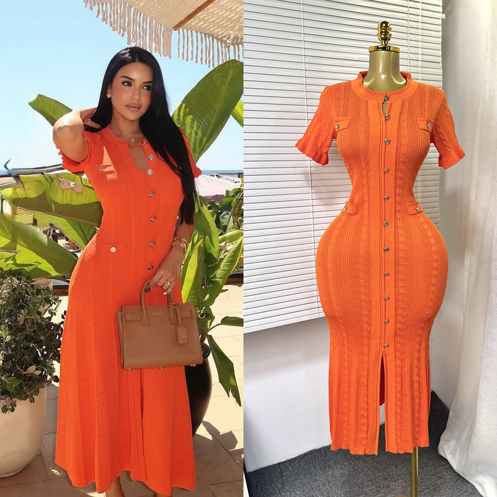 European and american style minimalist elegant knitted dress - women's summer single-breasted hollow-out slimming design - chic long dress