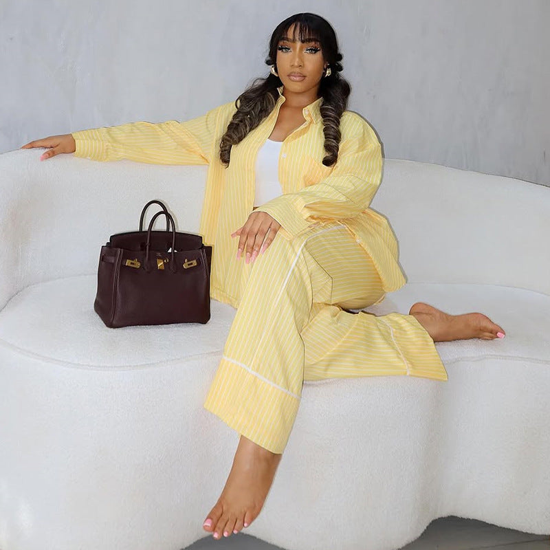 European and american cross-border women's clothing  spring/summer new arrival: casual loose-fit yellow striped shirt and pants two-piece set with turn-down collar