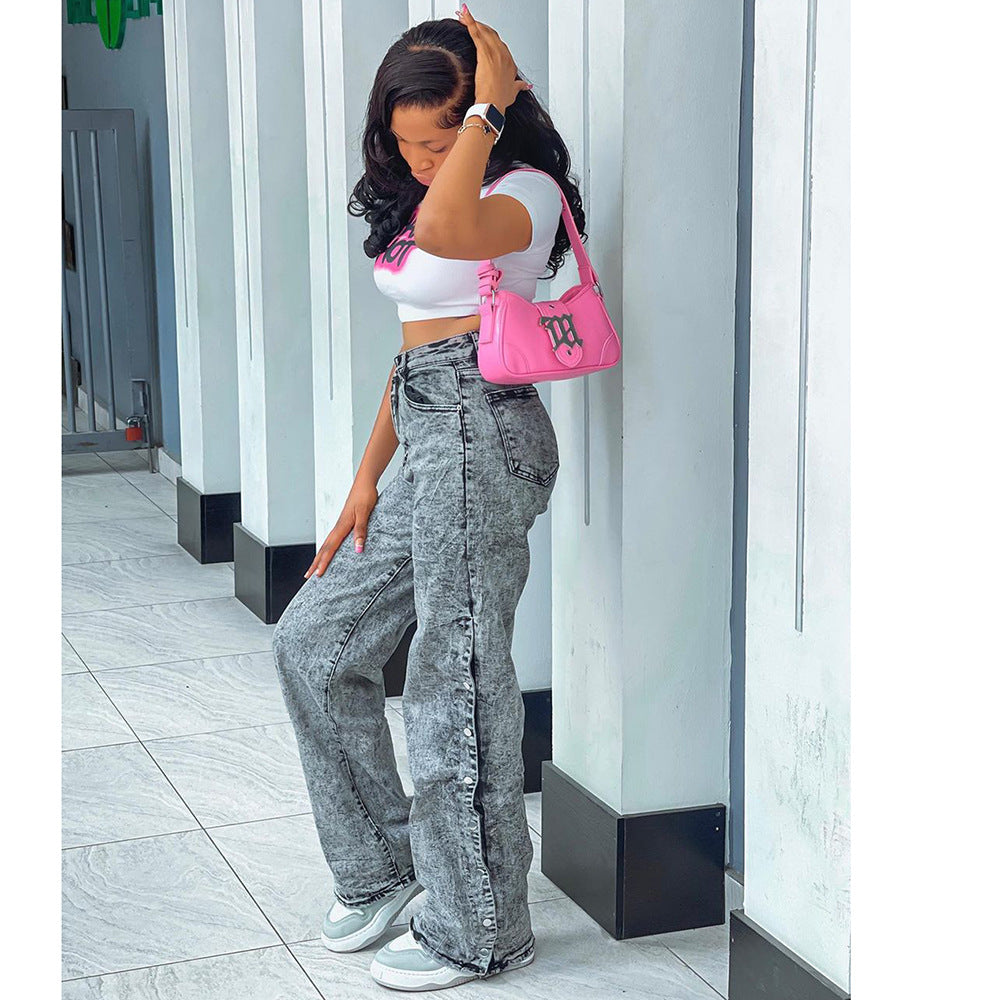 European and american style women's jeans -  foreign trade - fashionable hot girl high-waisted side slit single-breasted casual pants