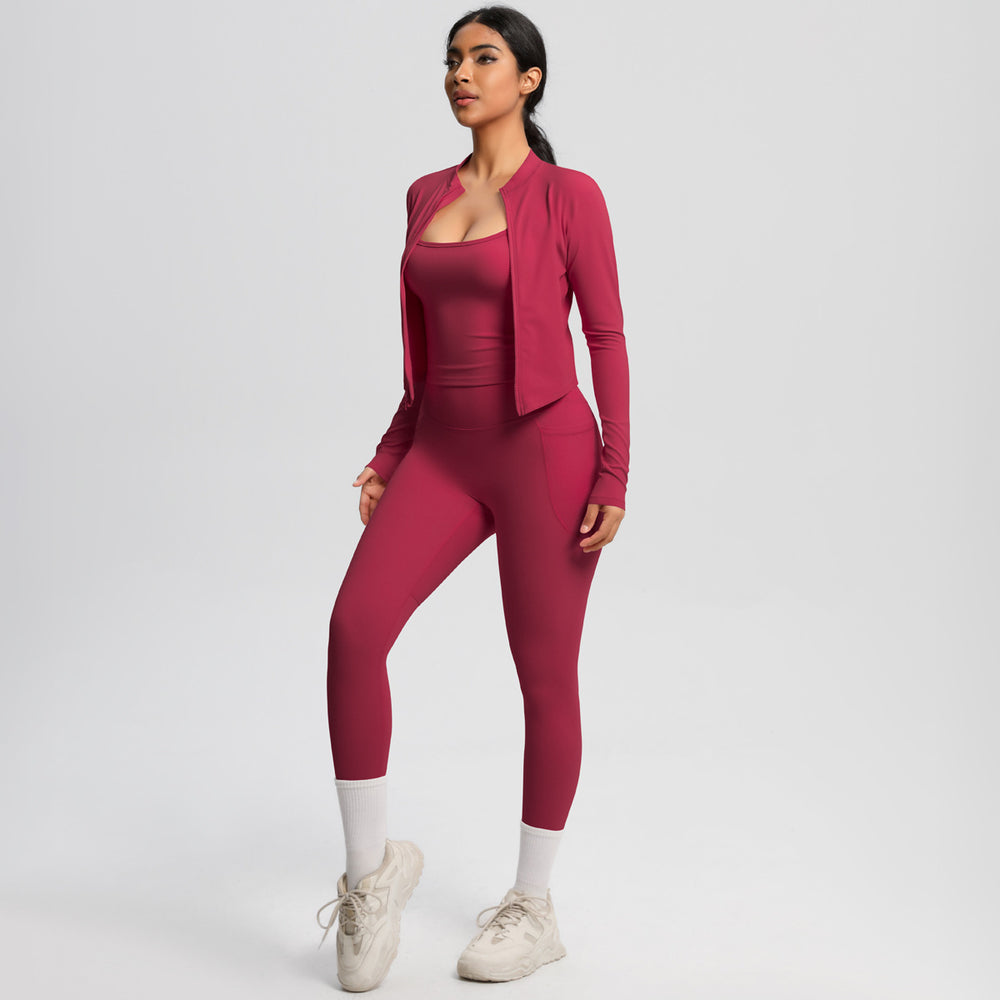 European and american outdoor casual tight-fit pocket yoga outfit set - quick-dry, high-waisted, slimming, cloud-like comfort, three-piece activewear set