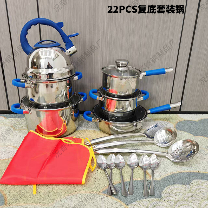 Export russian suit pot for home multi-bottom stainless steel 22-piece pot suit with silicone handle soup pot frying pan