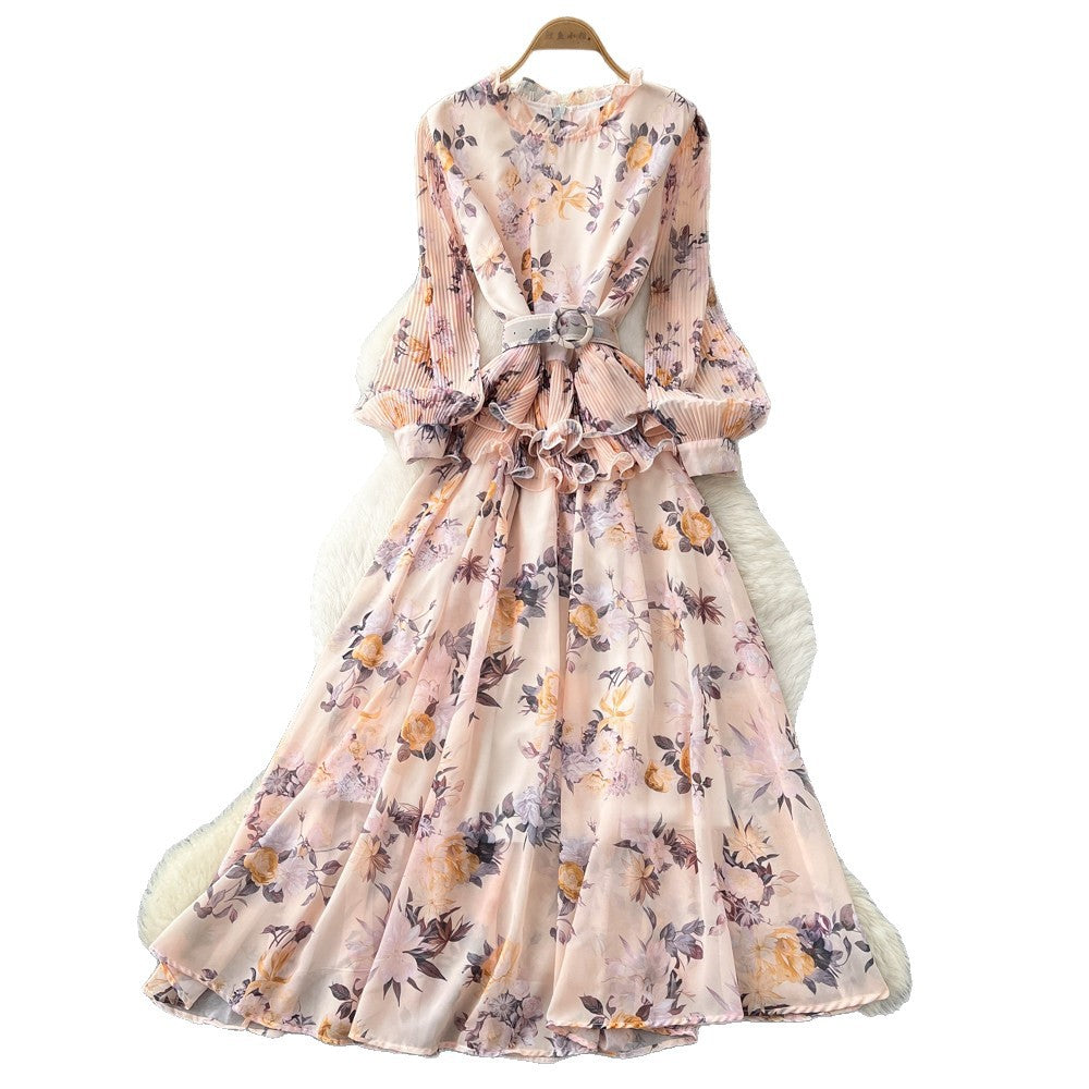 French chic floral slim-fit printed dress - women's summer tie-waist a-line maxi dress - vacation style, slimming design
