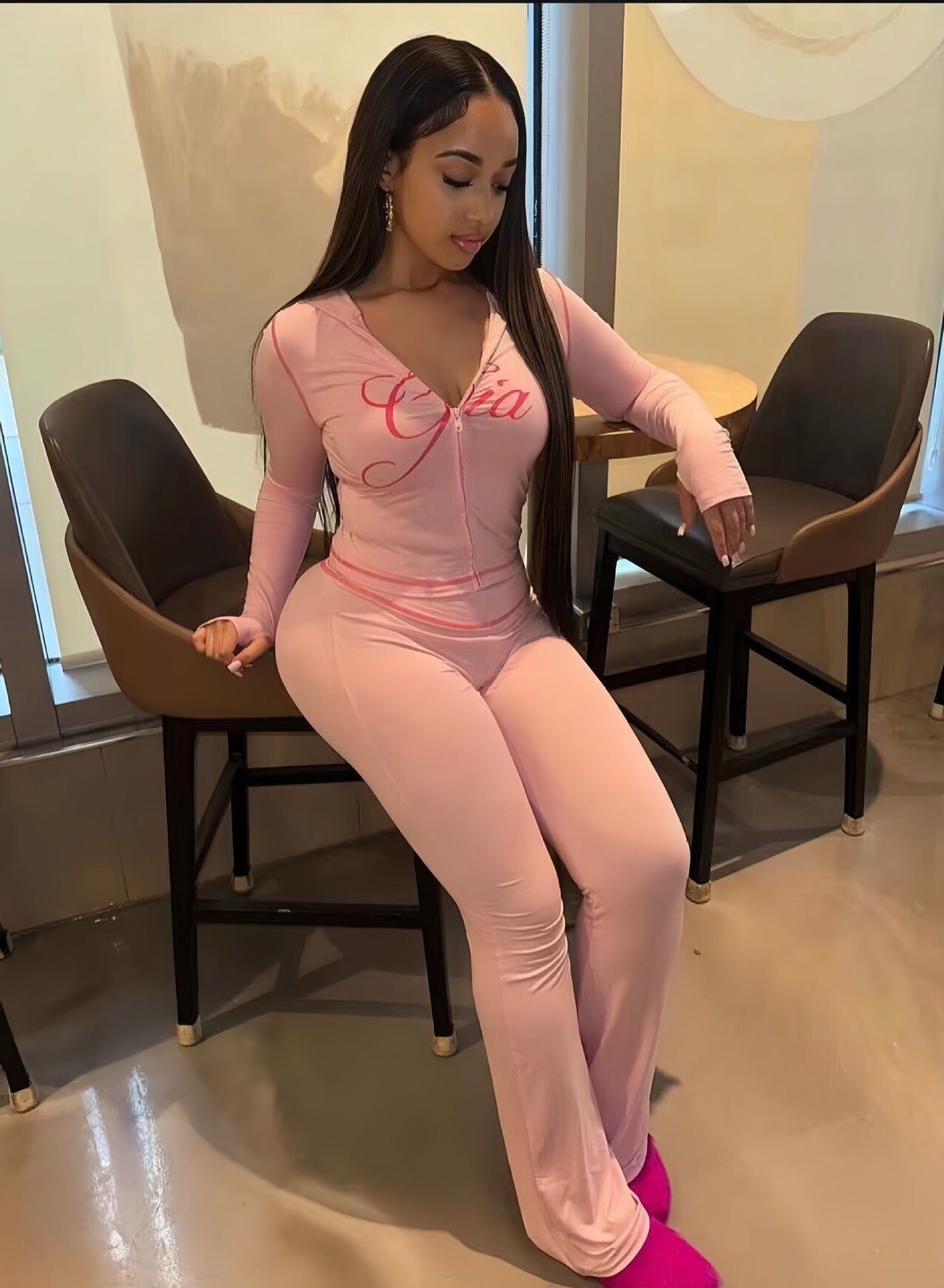 European and American  women's clothing 2025 early spring new long-sleeved hooded cardigan printed high-waisted tight flared pants set