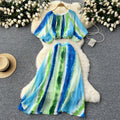 European and american style age-defying two-piece outfit: round neck lantern sleeve printed top + high-waisted flared skirt color block set