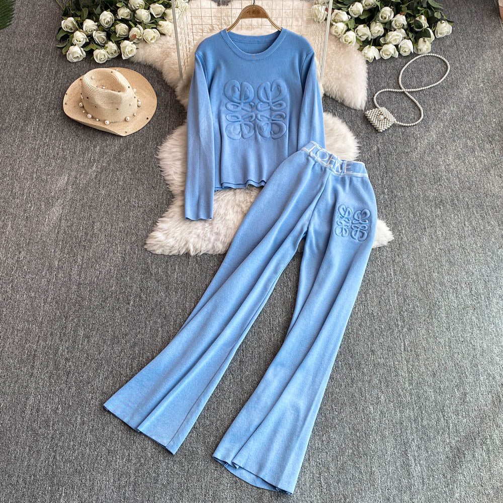 Fashionsuitfemalek-styleloose jacquard knittingsweatshirttwo-piece setcasualhigh waistslimming lookstraight-legloose pants