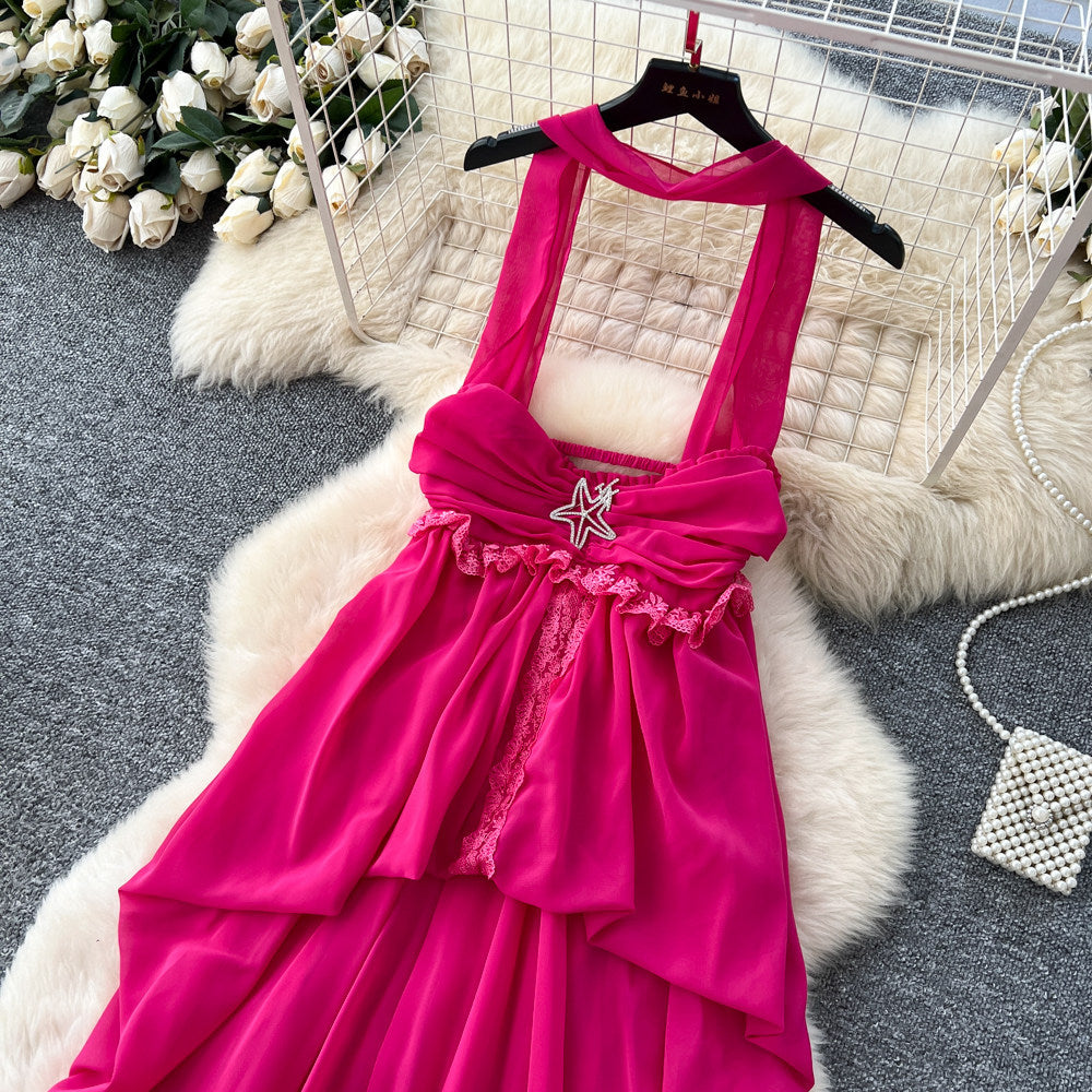 Vacation style blue halterbacklessdress women's summer high waist a-line long skirt elegantwork clothingasymmetrical large skirt