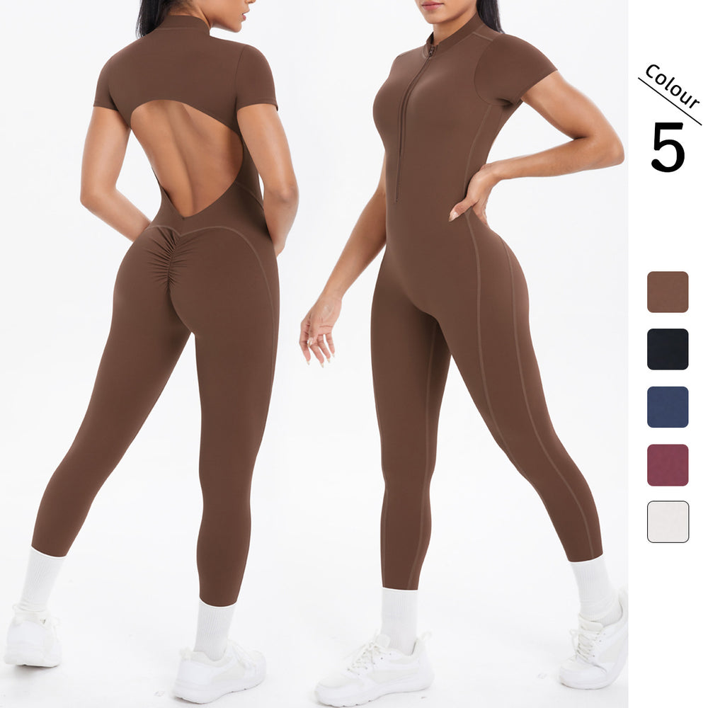New arrival cross-border fashion tight back cut out short-sleeved pants jumpsuit sports running fitness jumpsuit yoga clothes